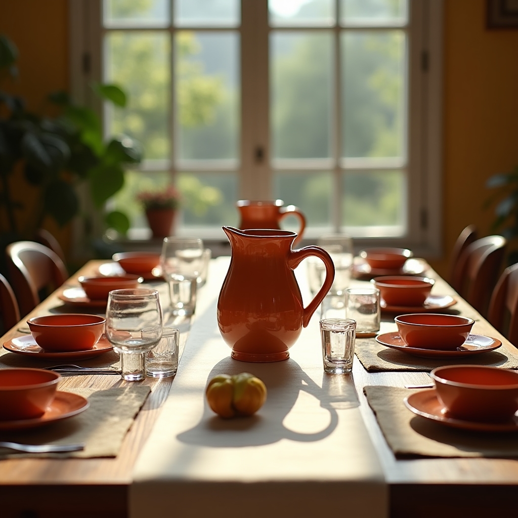 Servizio da tavola completo con piatti e brocche in ceramica smaltata color terracotta disposto per un evento aziendale
