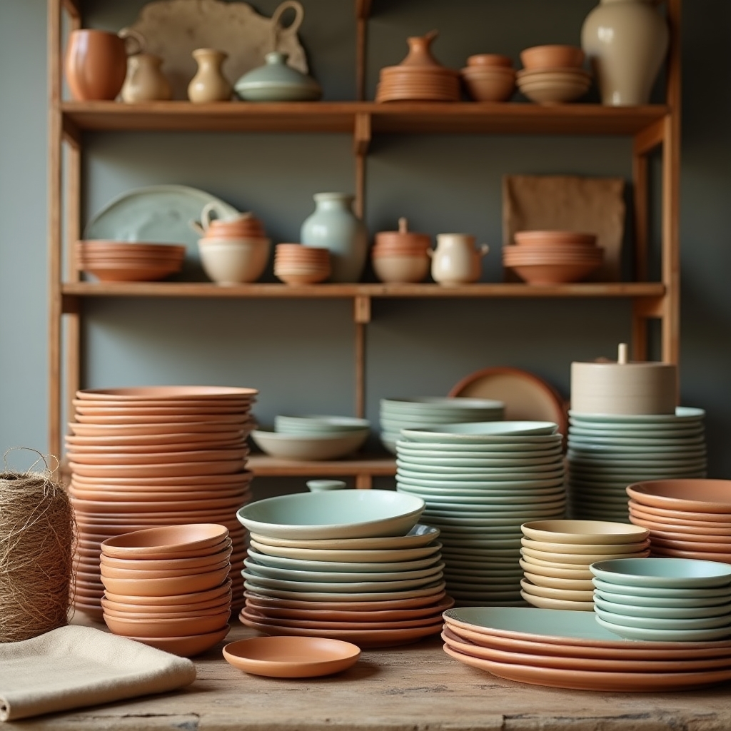 Scaffale in legno con pile di piatti in ceramica smaltata di diverse tonalità terrose pronti per la spedizione