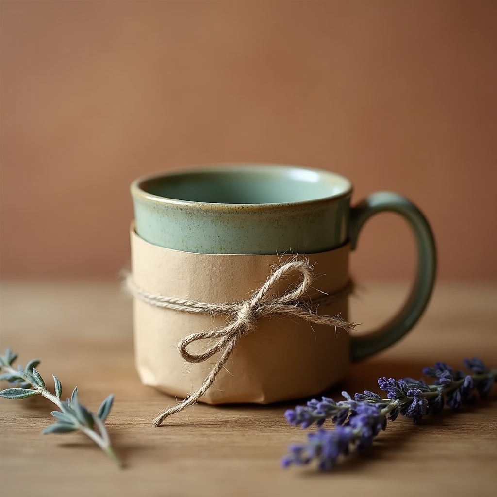Tazza in ceramica smaltata avvolta in carta paglia con spago naturale, pronta come regalo