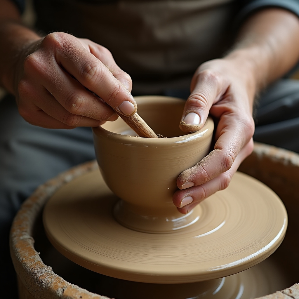 Primo piano delle mani di un artigiano che rifiniscono il bordo di una tazza in argilla sul tornio