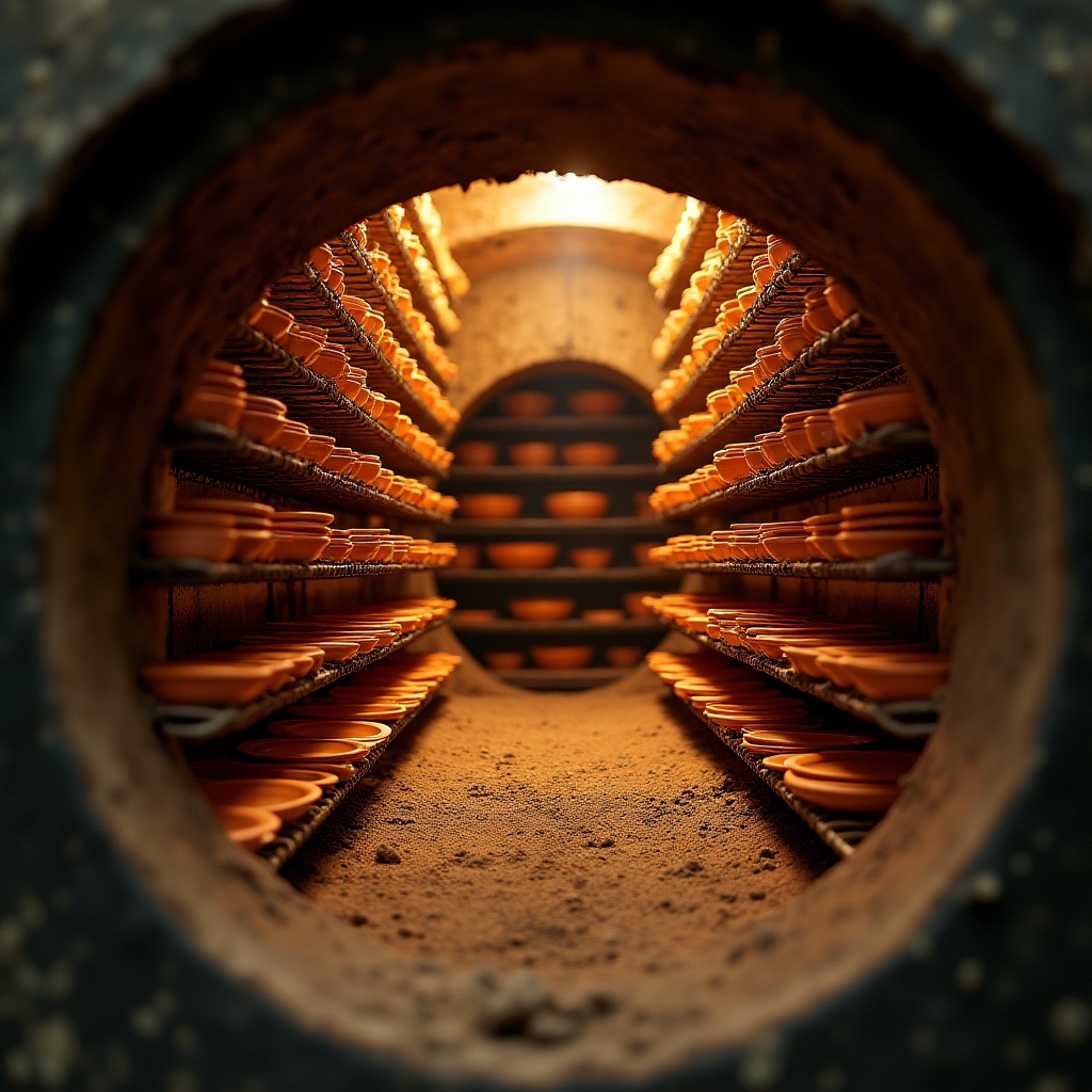 Forno per ceramica aperto con ripiani carichi di piatti e ciotole durante il caricamento per la cottura