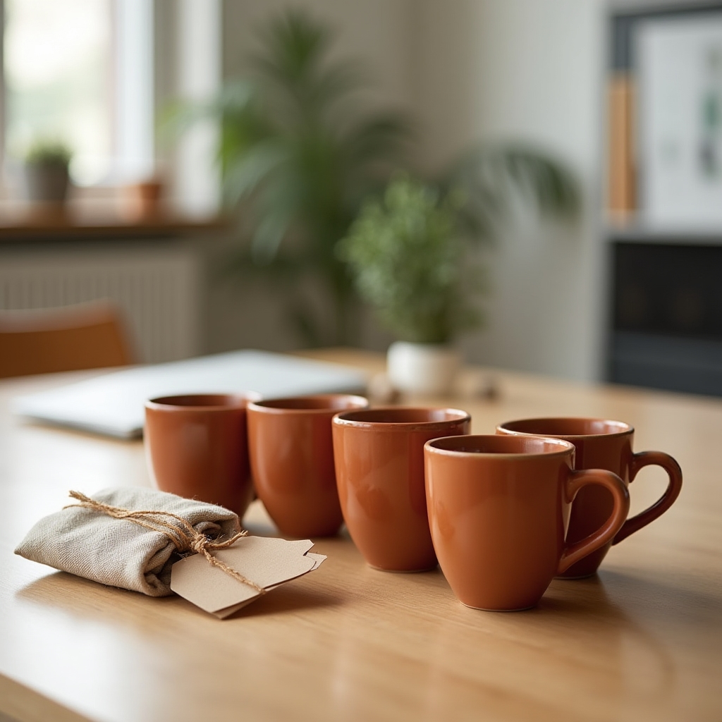 Set di tazze in ceramica smaltata disposte su un tavolo di legno in un ufficio moderno, pronte come regalo aziendale