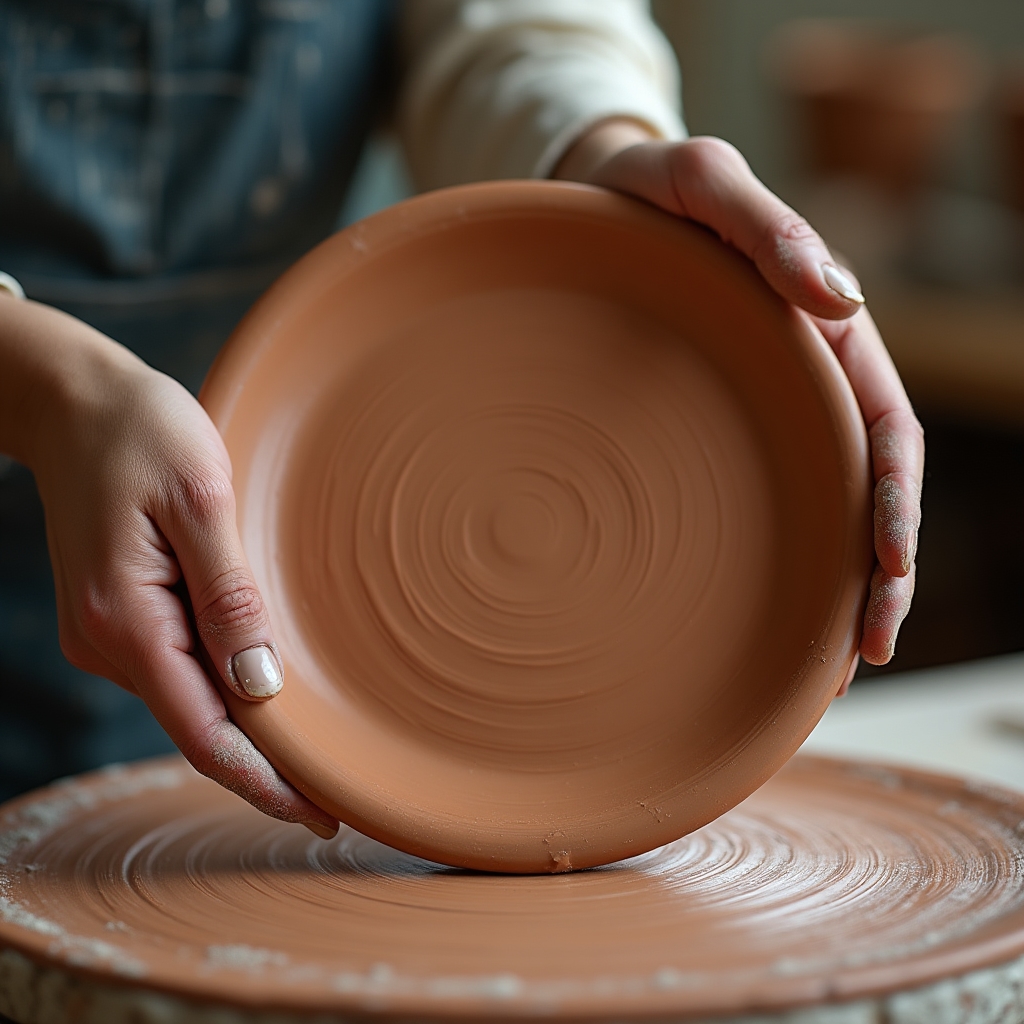 Artigiano che controlla alla luce naturale la superficie smaltata di un piatto in ceramica appena sfornato