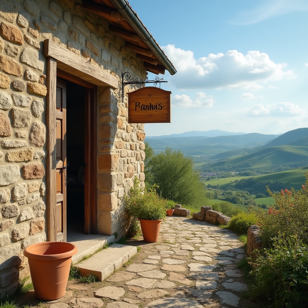 Esterno del laboratorio di ceramica in pietra nelle colline marchigiane, con insegna in legno e porta aperta